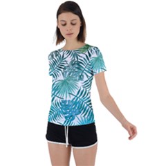 Blue Tropical Leaves Back Circle Cutout Sports Tee by goljakoff