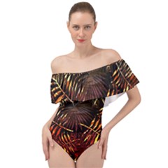 Tropical Leaves Off Shoulder Velour Bodysuit  by goljakoff