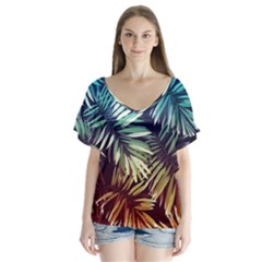 Tropic Leaves V-neck Flutter Sleeve Top by goljakoff