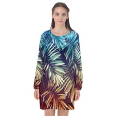 Tropic Leaves Long Sleeve Chiffon Shift Dress  by goljakoff