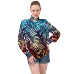 Tropic Leaves High Neck Long Sleeve Chiffon Top by goljakoff