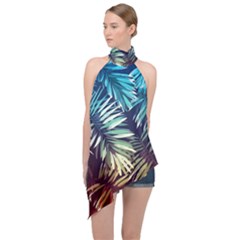 Tropic Leaves Halter Asymmetric Satin Top by goljakoff