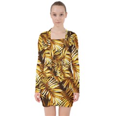 Golden Leaves V-neck Bodycon Long Sleeve Dress by goljakoff