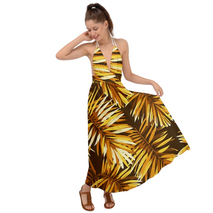 Golden leaves Backless Maxi Beach Dress