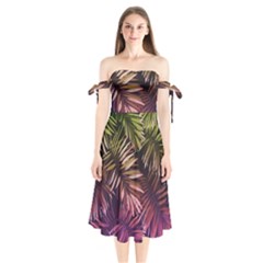 Purple Leaves Shoulder Tie Bardot Midi Dress by goljakoff