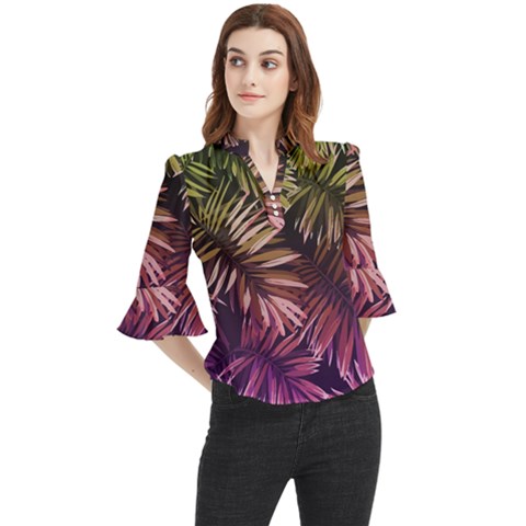 Purple Leaves Loose Horn Sleeve Chiffon Blouse by goljakoff