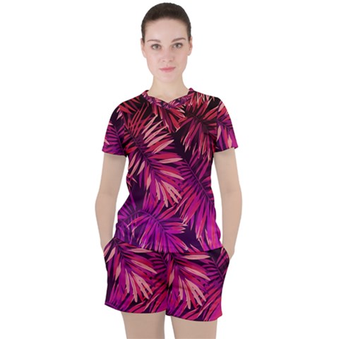 Pink Leaves Women s Tee And Shorts Set by goljakoff