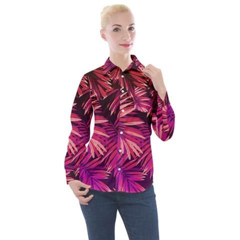 Pink Leaves Women s Long Sleeve Pocket Shirt by goljakoff