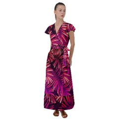 Pink Leaves Flutter Sleeve Maxi Dress by goljakoff