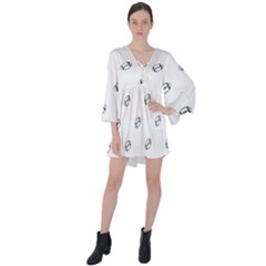 American Football Ball Motif Print Pattern V-neck Flare Sleeve Mini Dress