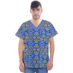 Gold And Blue Fancy Ornate Pattern Men s V-neck Scrub Top