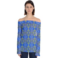 Gold And Blue Fancy Ornate Pattern Off Shoulder Long Sleeve Top by dflcprintsclothing