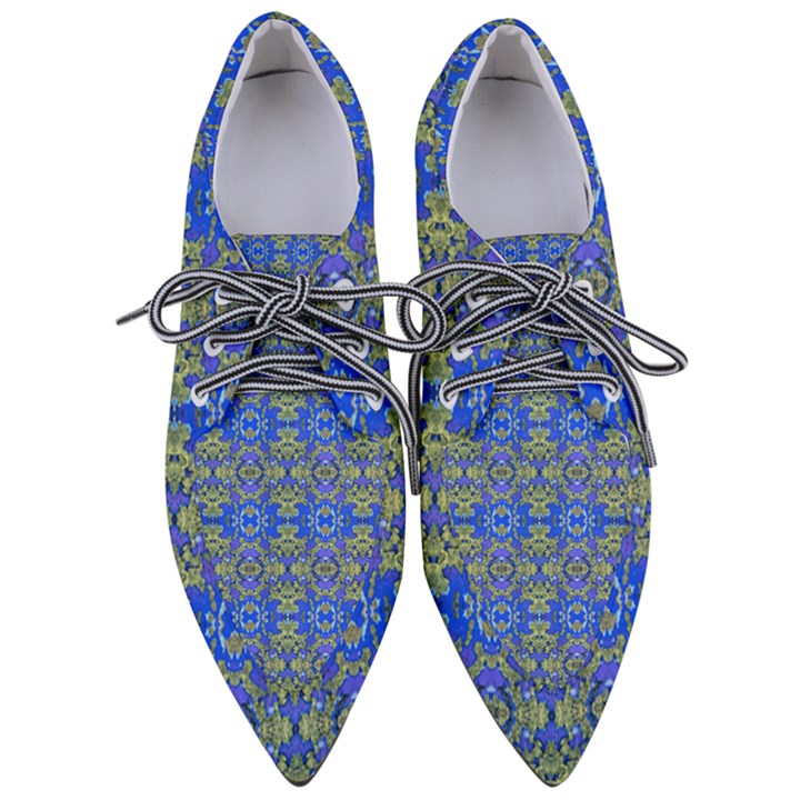 Gold And Blue Fancy Ornate Pattern Pointed Oxford Shoes