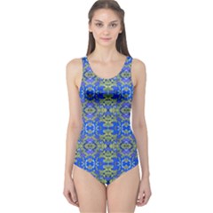 Gold And Blue Fancy Ornate Pattern One Piece Swimsuit by dflcprintsclothing