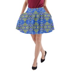 Gold And Blue Fancy Ornate Pattern A-line Pocket Skirt by dflcprintsclothing