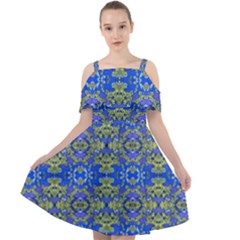 Gold And Blue Fancy Ornate Pattern Cut Out Shoulders Chiffon Dress by dflcprintsclothing