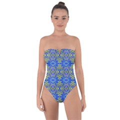 Gold And Blue Fancy Ornate Pattern Tie Back One Piece Swimsuit