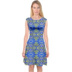 Gold And Blue Fancy Ornate Pattern Capsleeve Midi Dress by dflcprintsclothing