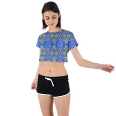 Gold And Blue Fancy Ornate Pattern Tie Back Short Sleeve Crop Tee by dflcprintsclothing