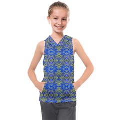 Gold And Blue Fancy Ornate Pattern Kids  Sleeveless Hoodie by dflcprintsclothing