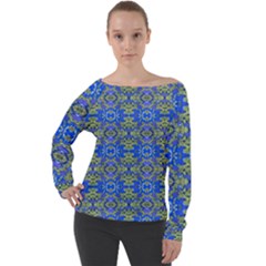 Gold And Blue Fancy Ornate Pattern Off Shoulder Long Sleeve Velour Top