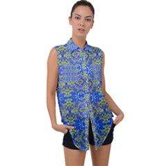 Gold And Blue Fancy Ornate Pattern Sleeveless Chiffon Button Shirt