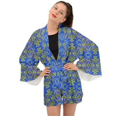 Gold And Blue Fancy Ornate Pattern Long Sleeve Kimono by dflcprintsclothing