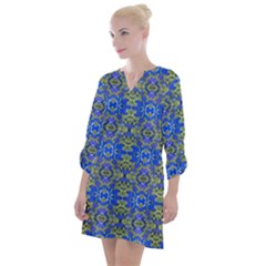 Gold And Blue Fancy Ornate Pattern Open Neck Shift Dress by dflcprintsclothing