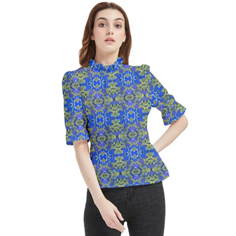 Gold And Blue Fancy Ornate Pattern Frill Neck Blouse by dflcprintsclothing