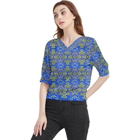 Gold And Blue Fancy Ornate Pattern Quarter Sleeve Blouse by dflcprintsclothing