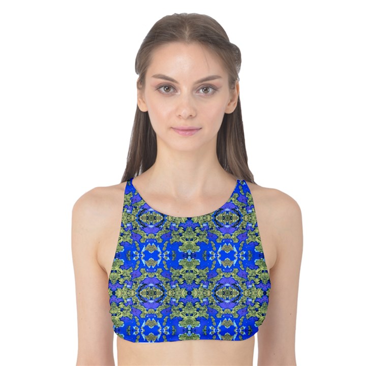 Gold And Blue Fancy Ornate Pattern Tank Bikini Top