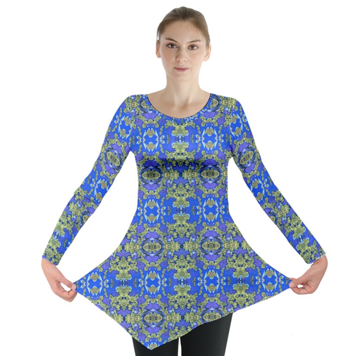 Gold And Blue Fancy Ornate Pattern Long Sleeve Tunic 