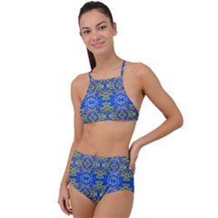 Gold And Blue Fancy Ornate Pattern High Waist Tankini Set by dflcprintsclothing