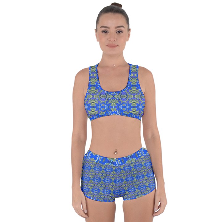 Gold And Blue Fancy Ornate Pattern Racerback Boyleg Bikini Set