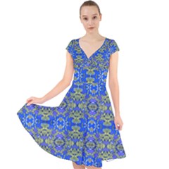 Gold And Blue Fancy Ornate Pattern Cap Sleeve Front Wrap Midi Dress by dflcprintsclothing