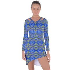 Gold And Blue Fancy Ornate Pattern Asymmetric Cut-out Shift Dress