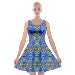 Gold And Blue Fancy Ornate Pattern Velvet Skater Dress by dflcprintsclothing