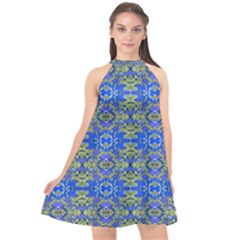 Gold And Blue Fancy Ornate Pattern Halter Neckline Chiffon Dress  by dflcprintsclothing