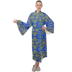 Gold And Blue Fancy Ornate Pattern Maxi Velour Kimono by dflcprintsclothing