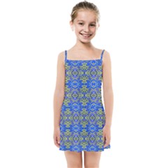 Gold And Blue Fancy Ornate Pattern Kids  Summer Sun Dress by dflcprintsclothing