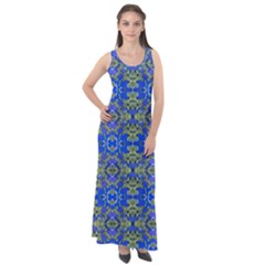 Gold And Blue Fancy Ornate Pattern Sleeveless Velour Maxi Dress by dflcprintsclothing