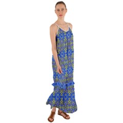 Gold And Blue Fancy Ornate Pattern Cami Maxi Ruffle Chiffon Dress by dflcprintsclothing