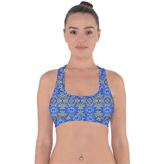 Gold And Blue Fancy Ornate Pattern Cross Back Hipster Bikini Top  by dflcprintsclothing