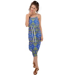 Gold And Blue Fancy Ornate Pattern Waist Tie Cover Up Chiffon Dress by dflcprintsclothing