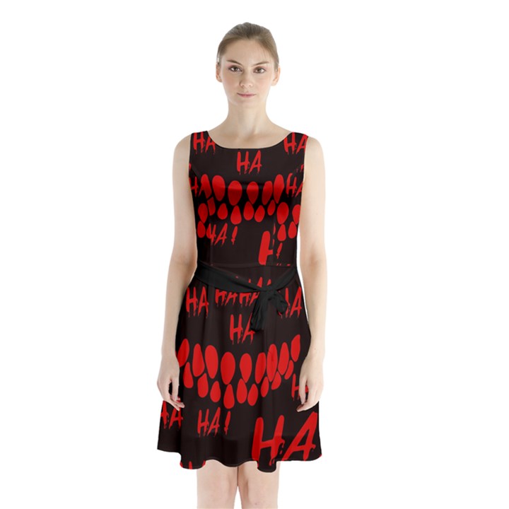 Demonic Laugh, Spooky red teeth monster in dark, Horror theme Sleeveless Waist Tie Chiffon Dress