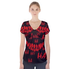 Demonic Laugh, Spooky Red Teeth Monster In Dark, Horror Theme Short Sleeve Front Detail Top by Casemiro