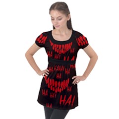 Demonic Laugh, Spooky Red Teeth Monster In Dark, Horror Theme Puff Sleeve Tunic Top by Casemiro