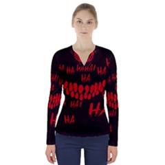 Demonic Laugh, Spooky Red Teeth Monster In Dark, Horror Theme V-neck Long Sleeve Top by Casemiro