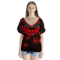 Demonic Laugh, Spooky Red Teeth Monster In Dark, Horror Theme V-neck Flutter Sleeve Top by Casemiro