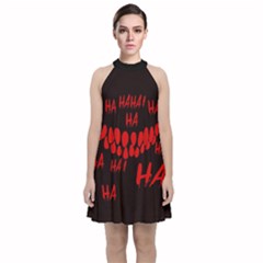 Demonic Laugh, Spooky Red Teeth Monster In Dark, Horror Theme Velvet Halter Neckline Dress  by Casemiro